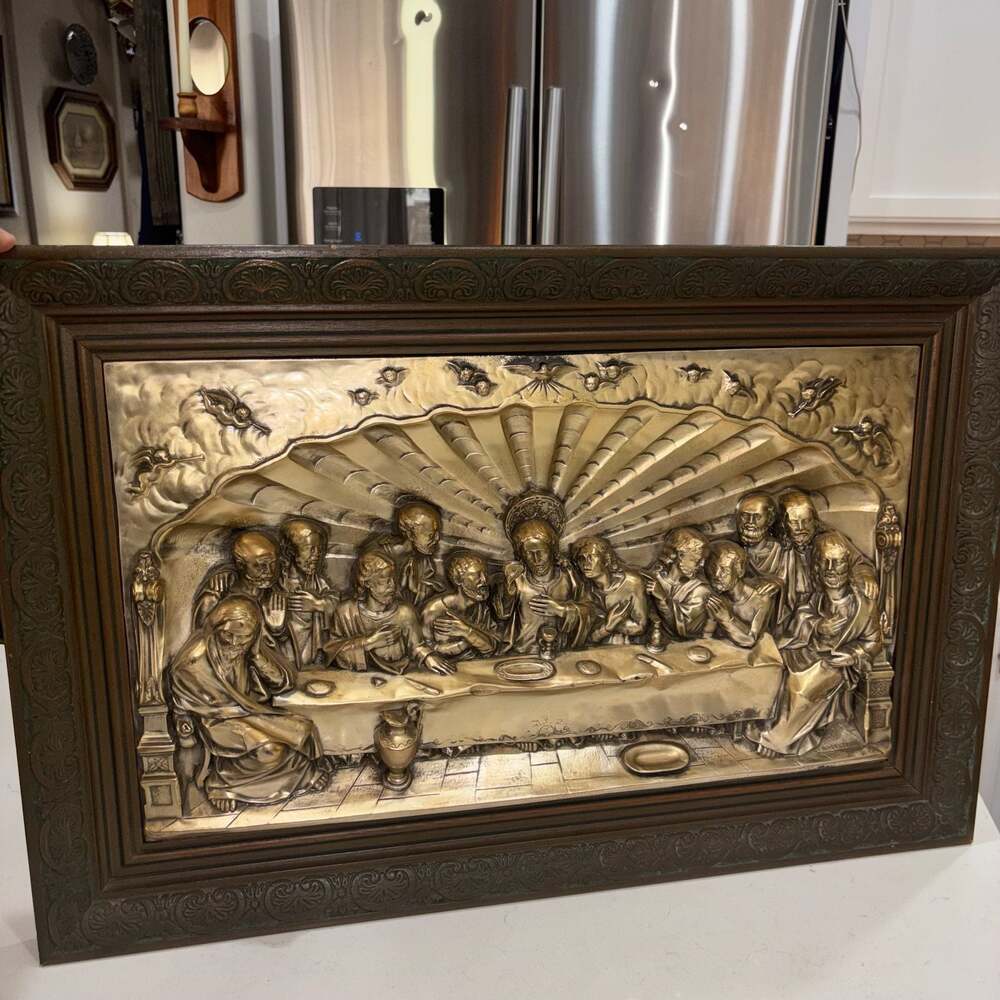 Vintage Continental Last Supper Priests Alter Chamber Copper Wall  Plaque Framed